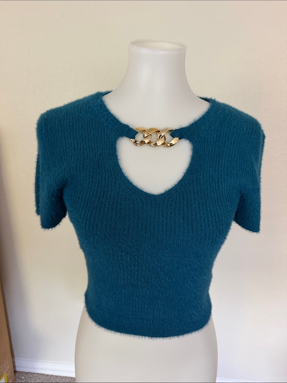 Teal Short-Sleeve Fuzzy Knit Top with Chain Detail